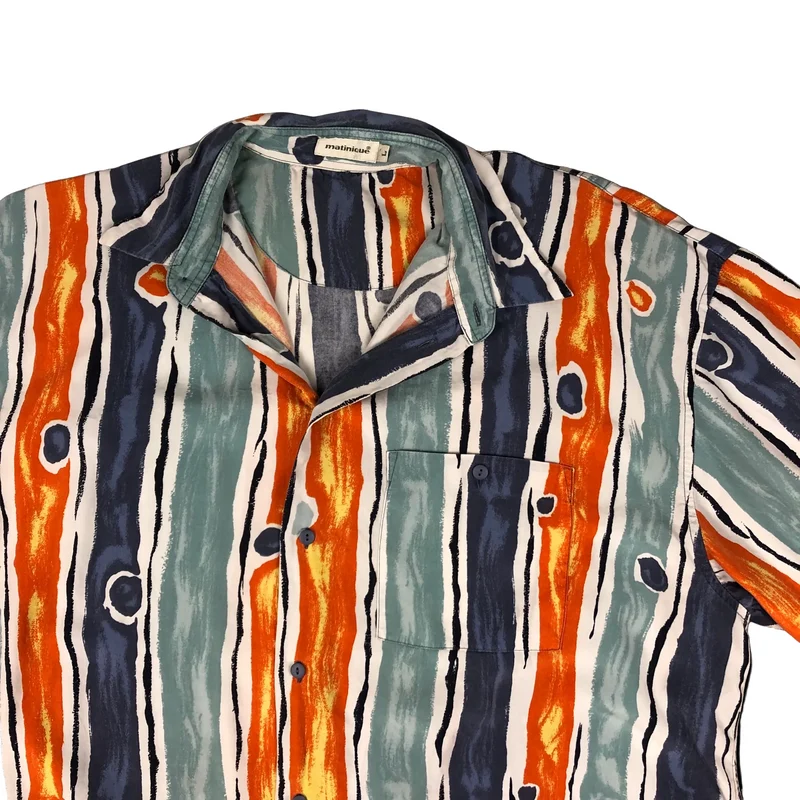 Vintage 90s Abstract Print Orange White and Blue Striped Shirt 2XL