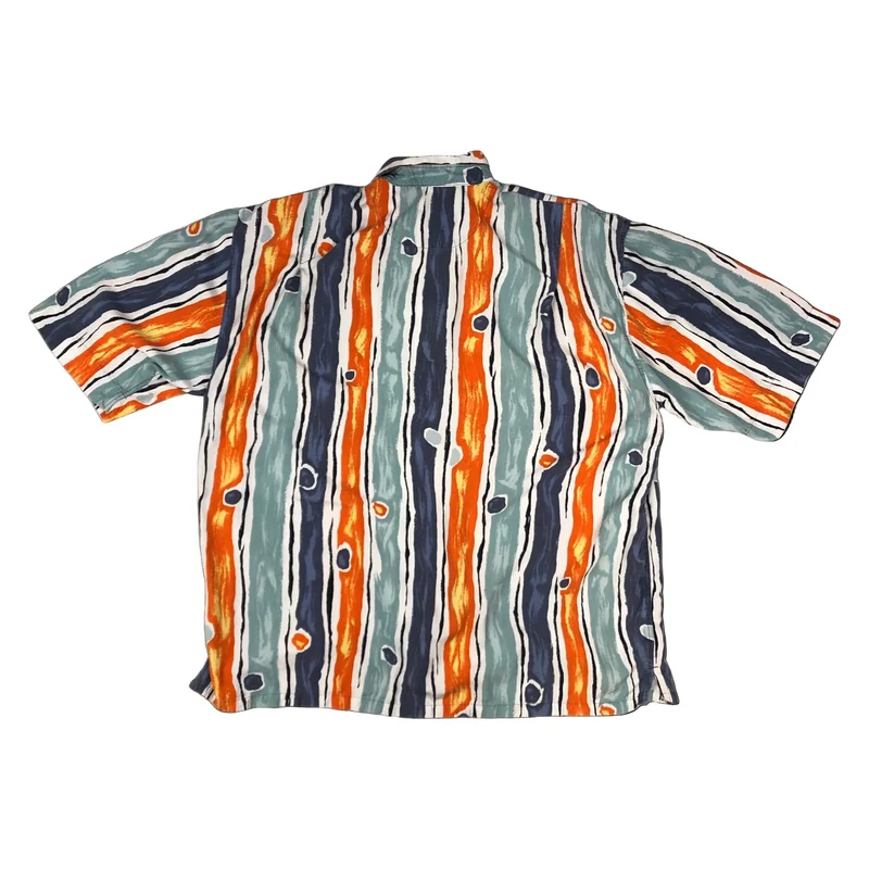 Vintage 90s Abstract Print Orange White and Blue Striped Shirt 2XL