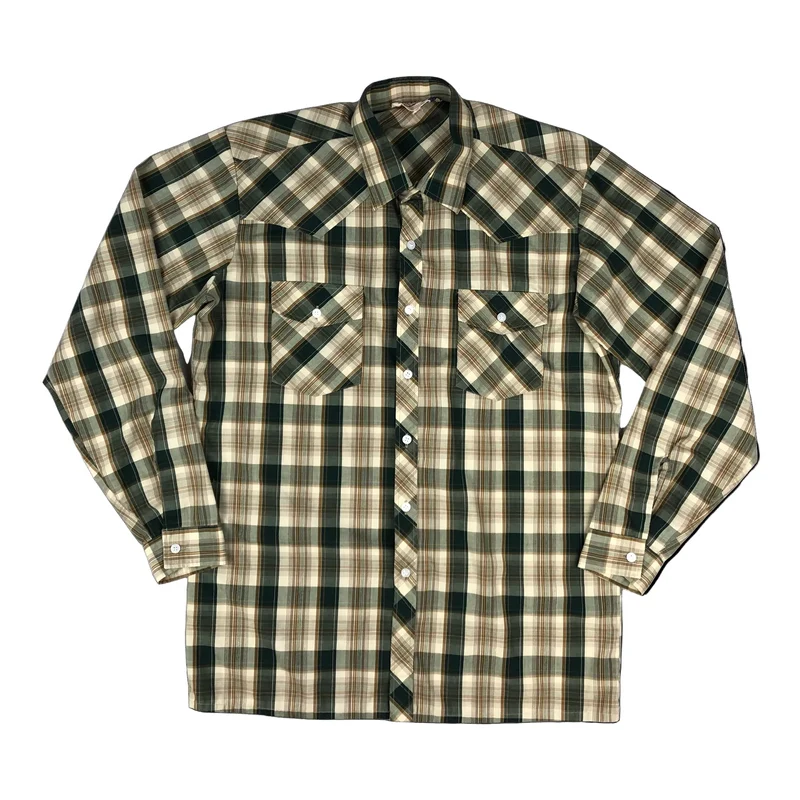 Vintage Western Style Beige and Green Plaid Shirt Shirt L