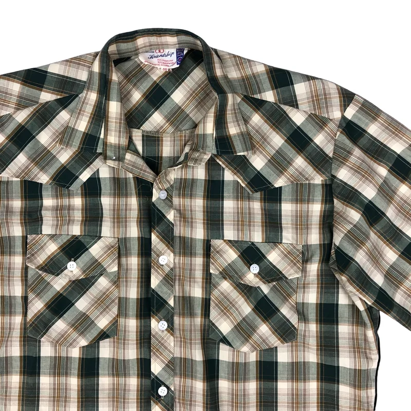 Vintage Western Style Beige and Green Plaid Shirt Shirt L