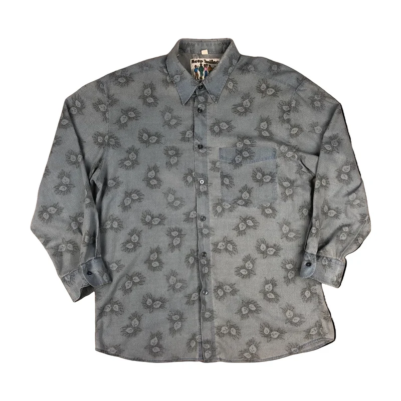 Vintage 80s Leaf Print Blue Cotton Long Sleeve Shirt L