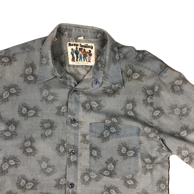 Vintage 80s Leaf Print Blue Cotton Long Sleeve Shirt L