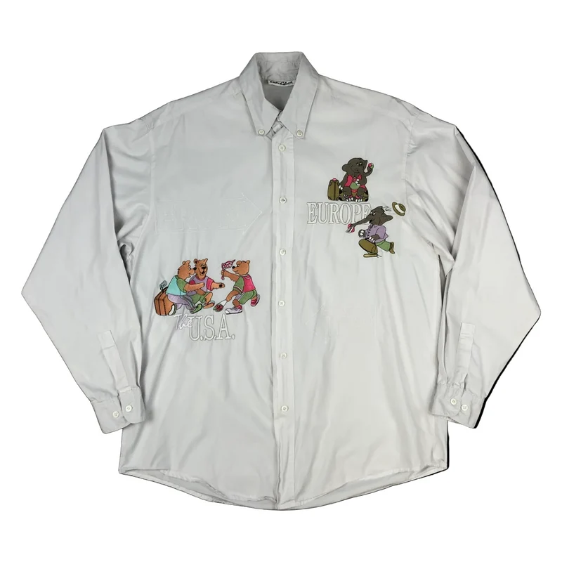 Vintage Carlo Colucci White Embroidered Cartoon Shirt XL