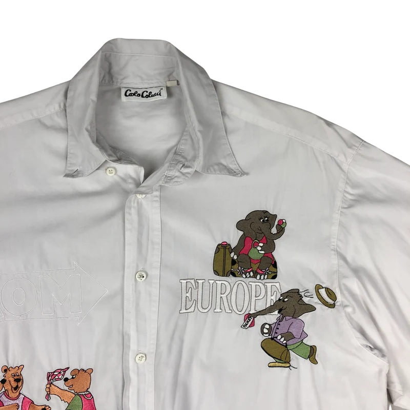 Vintage Carlo Colucci White Embroidered Cartoon Shirt XL