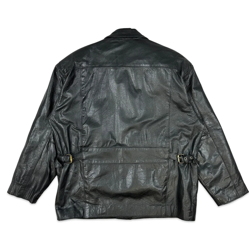 90s Vintage Black Leather Button Up Jacket Coat XL 18