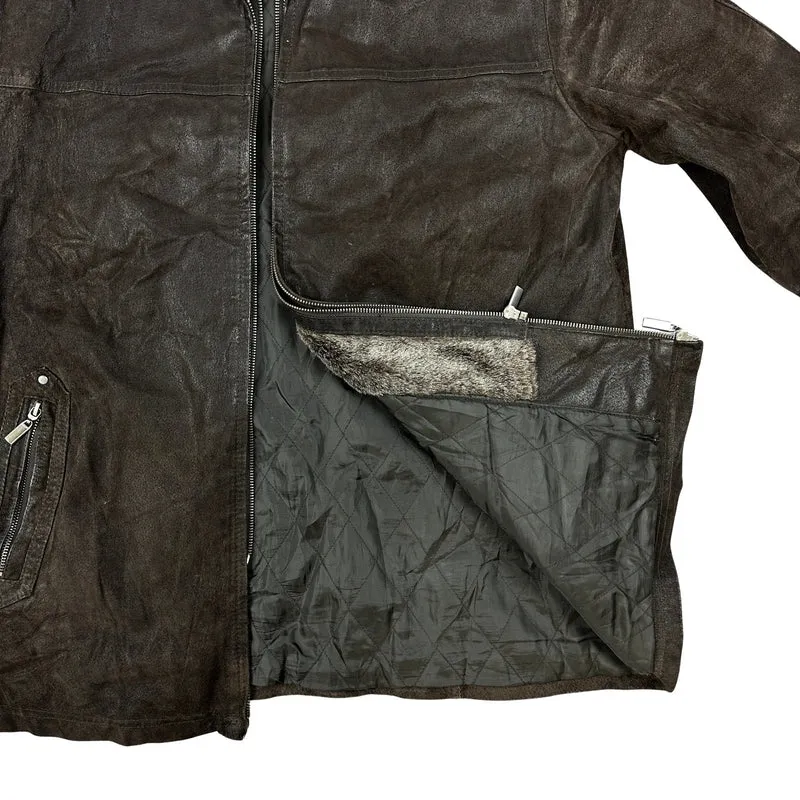 Vintage 90s Mens Brown Suede Bomber Jacket Faux Fur Collar L