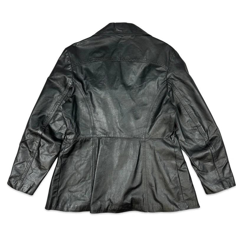 Vintage 70S Ladies Black Leather Jacket Blazer L 16