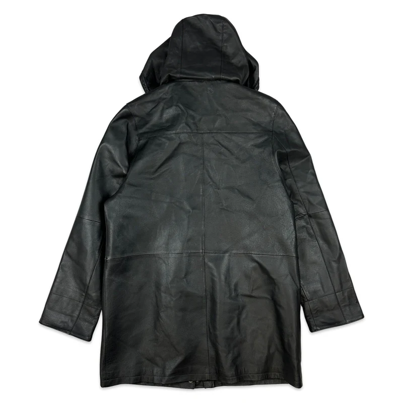 Vtg Y2K Womens Black Leather Hooded Coat Jacket L 16