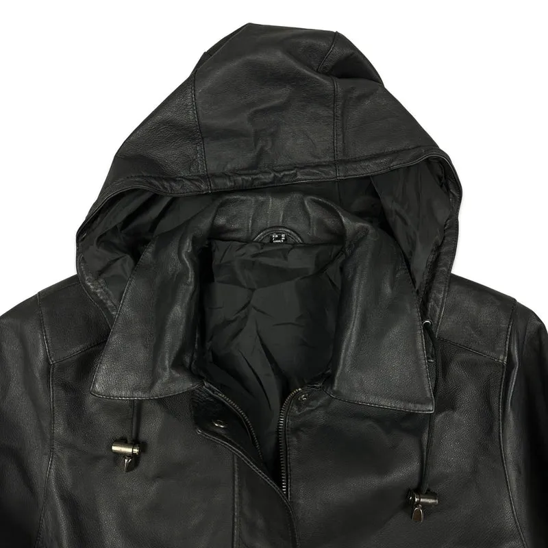 Vtg Y2K Womens Black Leather Hooded Coat Jacket L 16