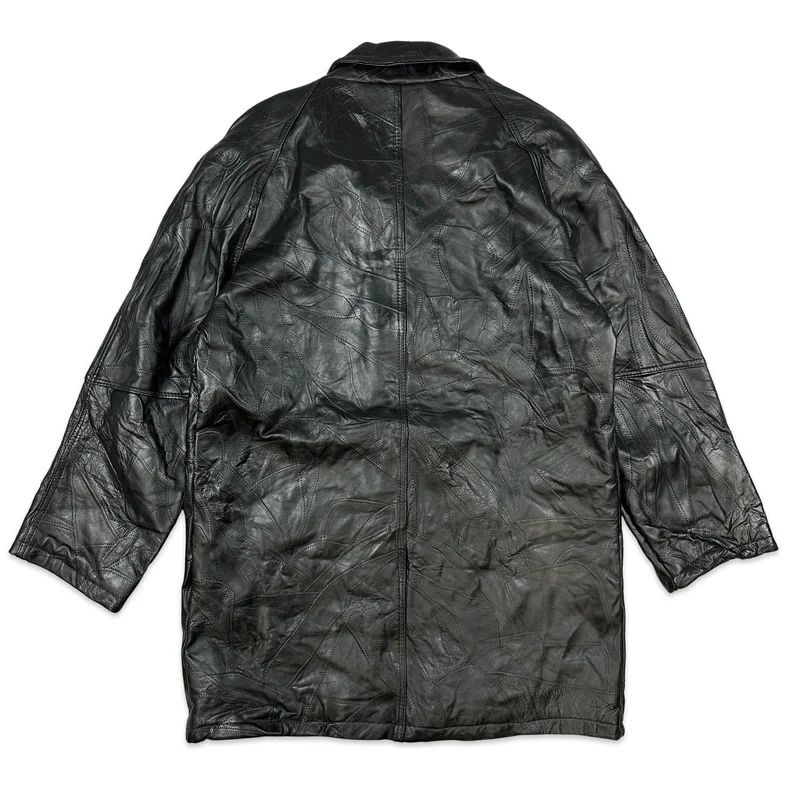 90s Vintage Black Patchwork Double Breasted Leather Coat Jacket XL