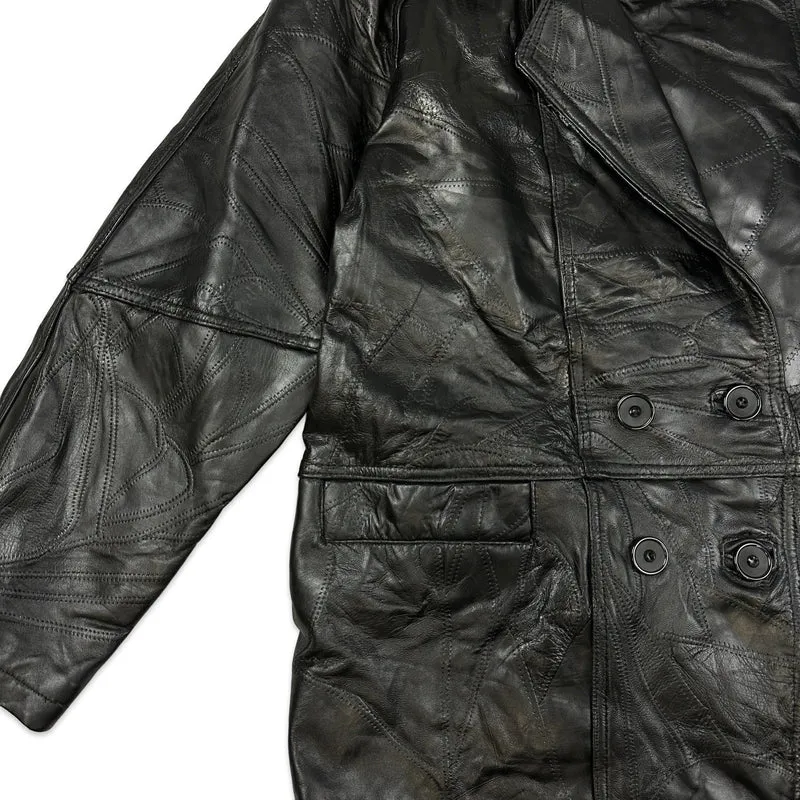 90s Vintage Black Patchwork Double Breasted Leather Coat Jacket XL