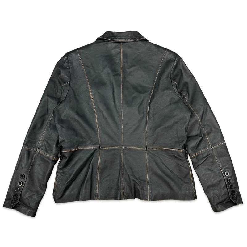 Y2K Vintage Black Leather Jacket Blazer Coat 14 16