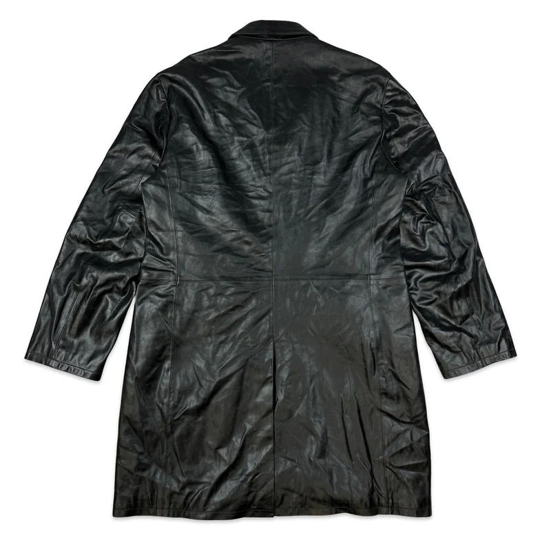 90s Vintage Benetton Black Leather Long Coat XL