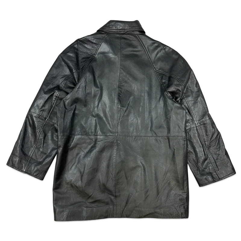 90s Vintage Ladies Double Breasted Black Leather Coat 14
