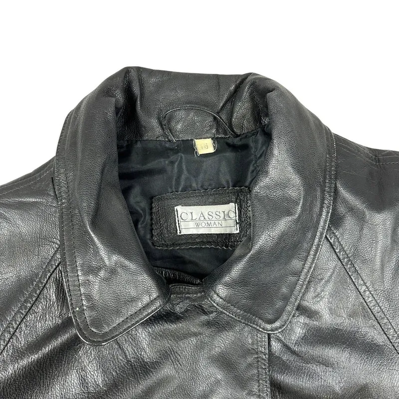 90s Vintage Ladies Double Breasted Black Leather Coat 14