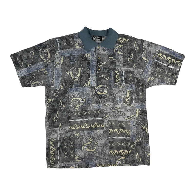 Vintage 80s Blue Crazy Pattern Print Polo Shirt S