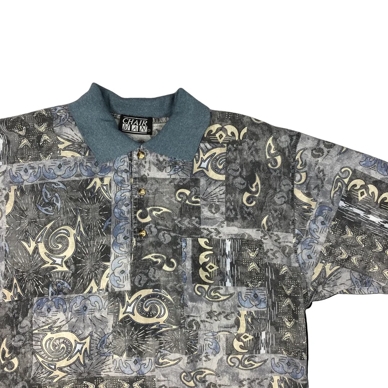 Vintage 80s Blue Crazy Pattern Print Polo Shirt S