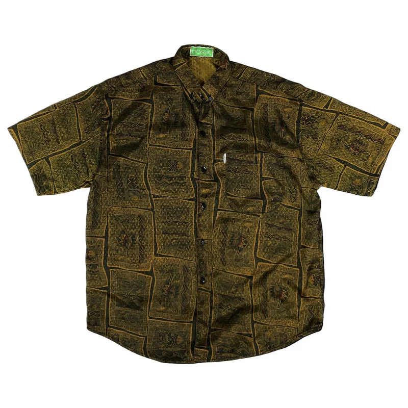 Vintage Classic Crazy Pattern Print Gold and Brown Shirt L