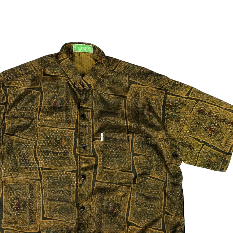 Vintage Classic Crazy Pattern Print Gold and Brown Shirt L