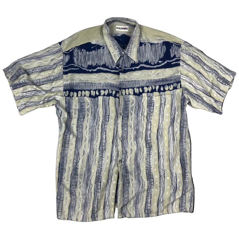 Vintage 80s Blue and White Abstract Print Short Sleeve Shirt M