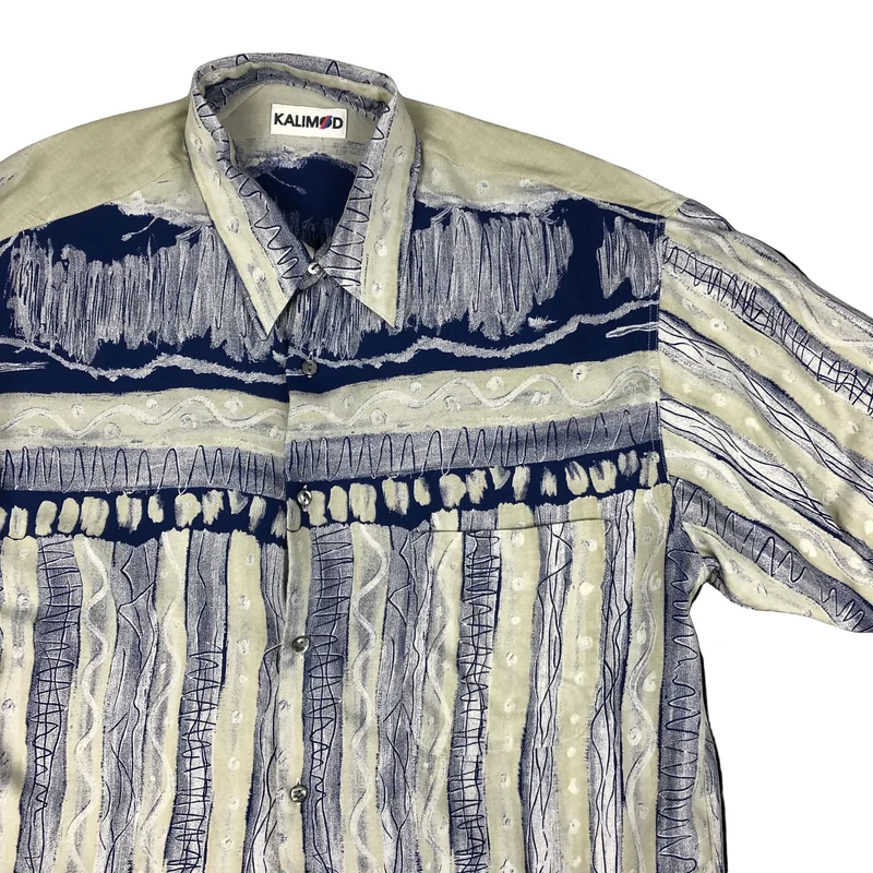 Vintage 80s Blue and White Abstract Print Short Sleeve Shirt M