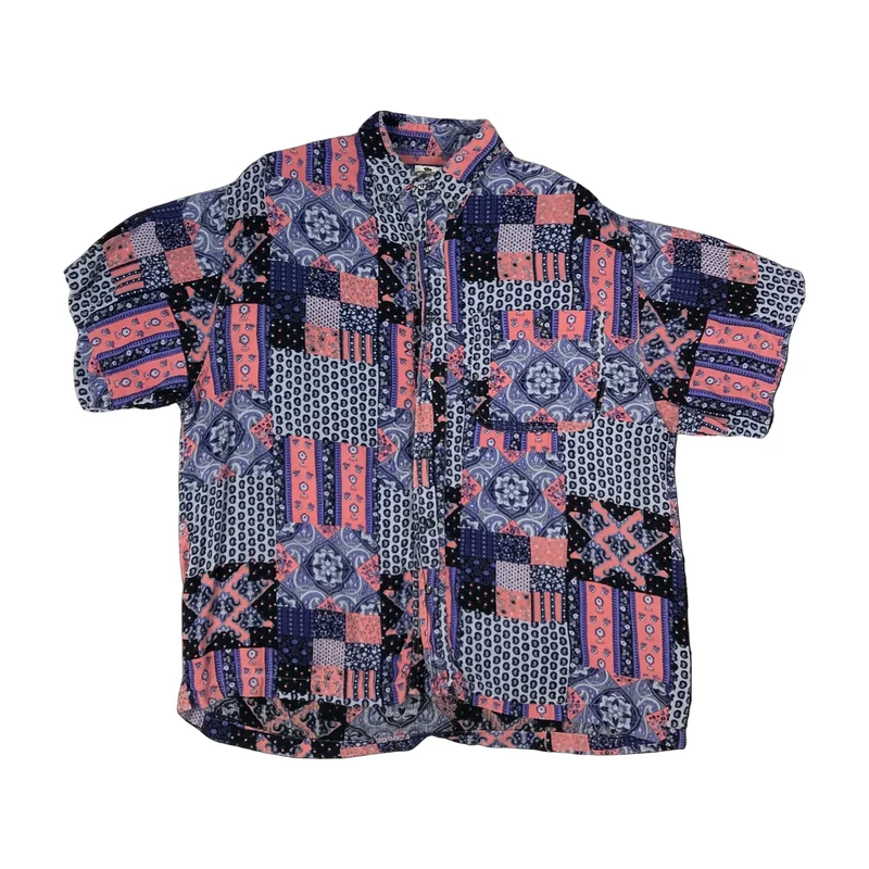 Vintage Purple, Pink, and Black Abstract Print Short Sleeve Shirt M