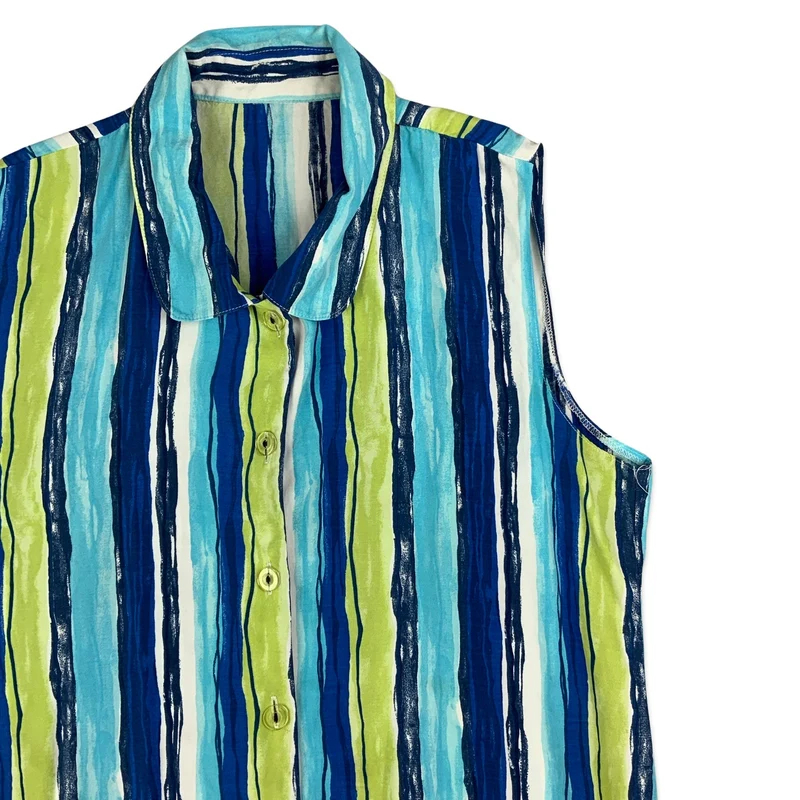 Blue White & Green Striped Sleeveless Blouse 10 12