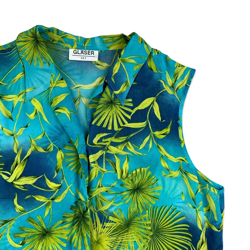 Green & Blue Botanical Print Sleeveless Blouse 14 16