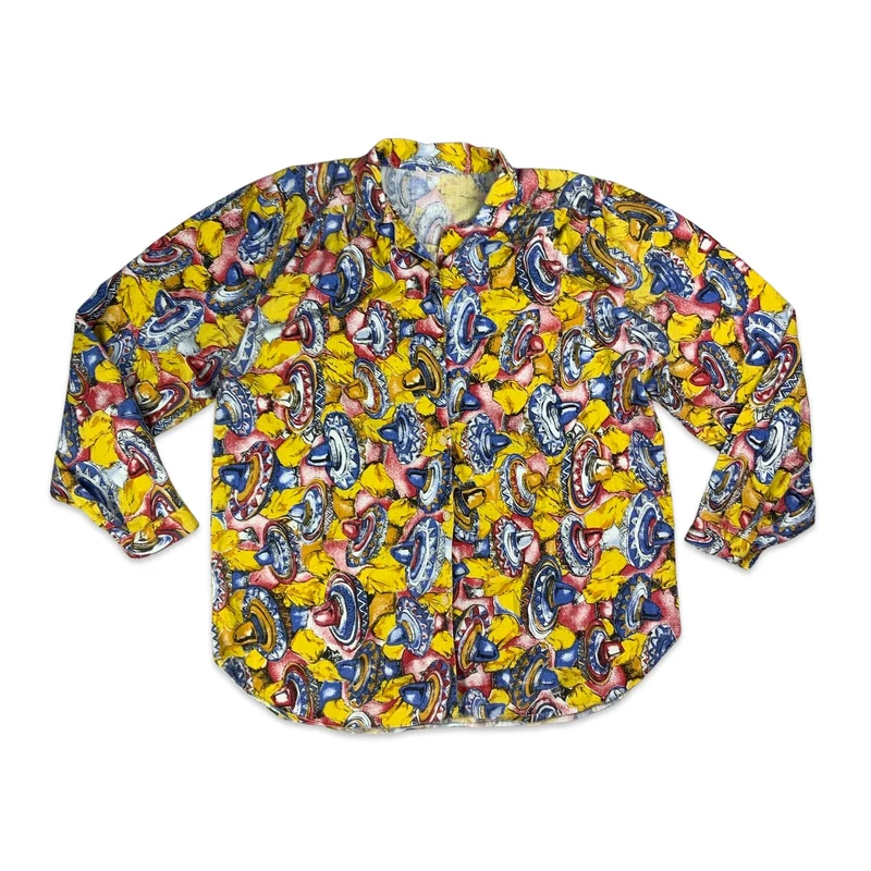 Vintage Yellow Red & Blue Mexican Sombrero Print Cotton Shirt M