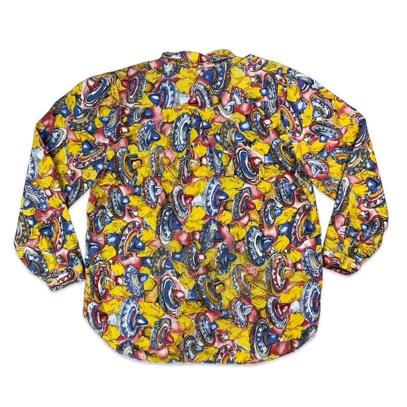 Vintage Yellow Red & Blue Mexican Sombrero Print Cotton Shirt M