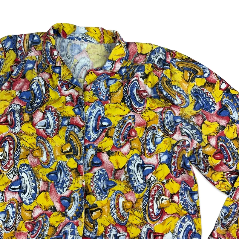 Vintage Yellow Red & Blue Mexican Sombrero Print Cotton Shirt M