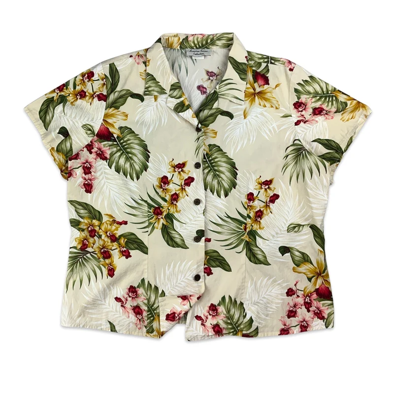 Vintage White Green Red & Yellow Hawaiian Blouse 16 18