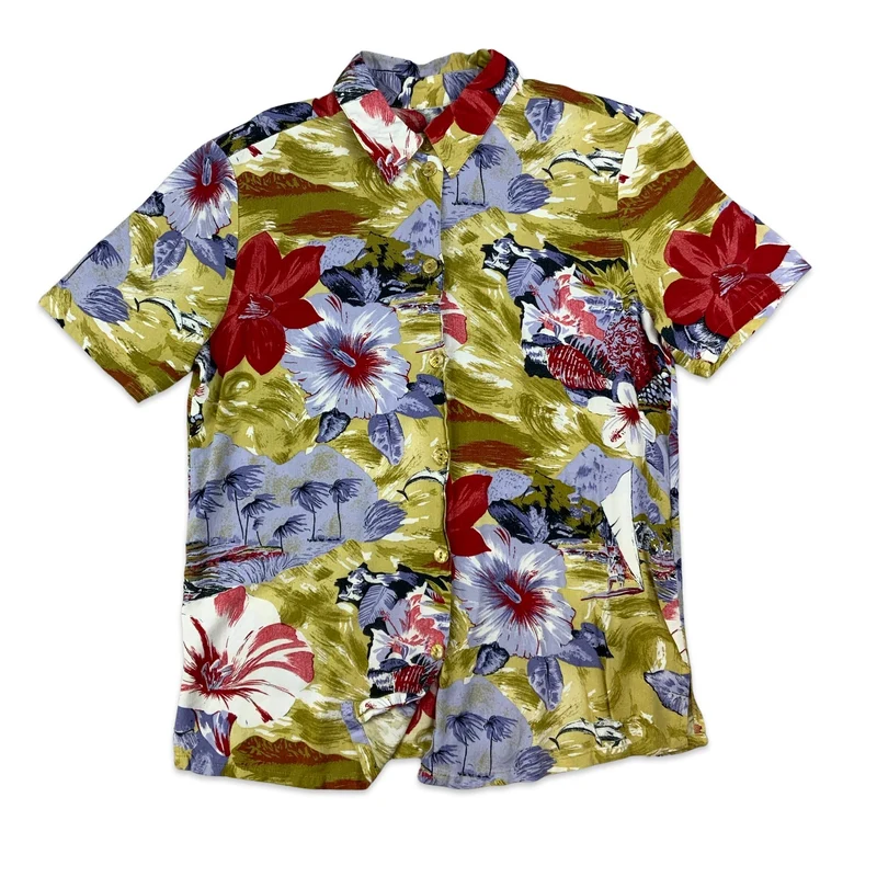 Yellow Lilac & Red Abstract Print Hawaiian Blouse 14 16