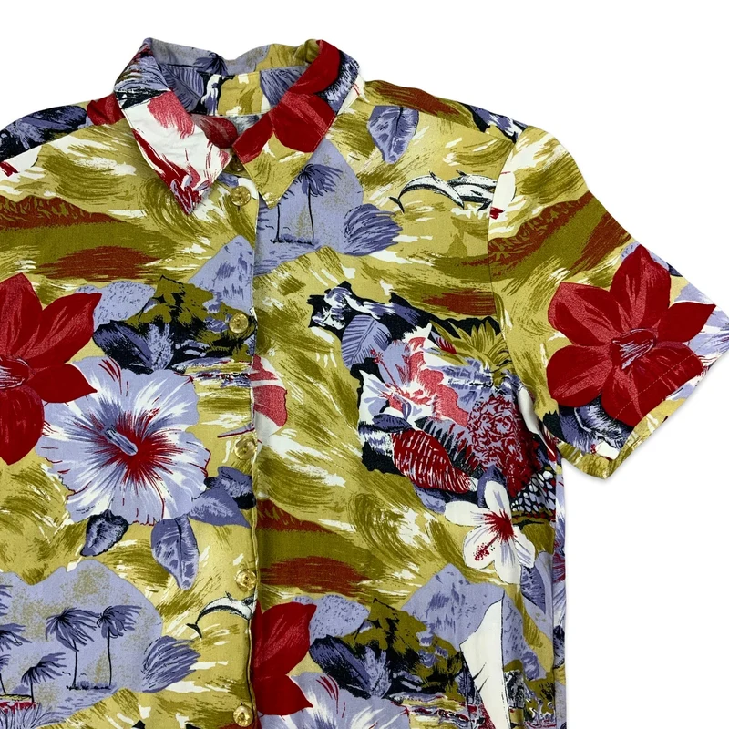 Yellow Lilac & Red Abstract Print Hawaiian Blouse 14 16