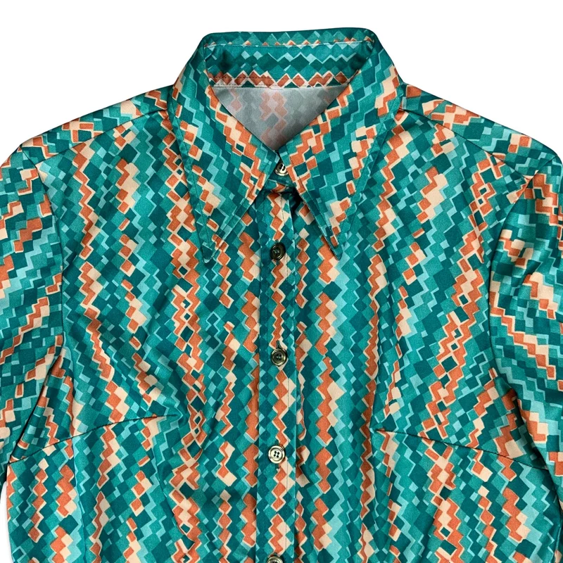 Vintage 80s Green & Orange Floral Patterned Blouse 8 10