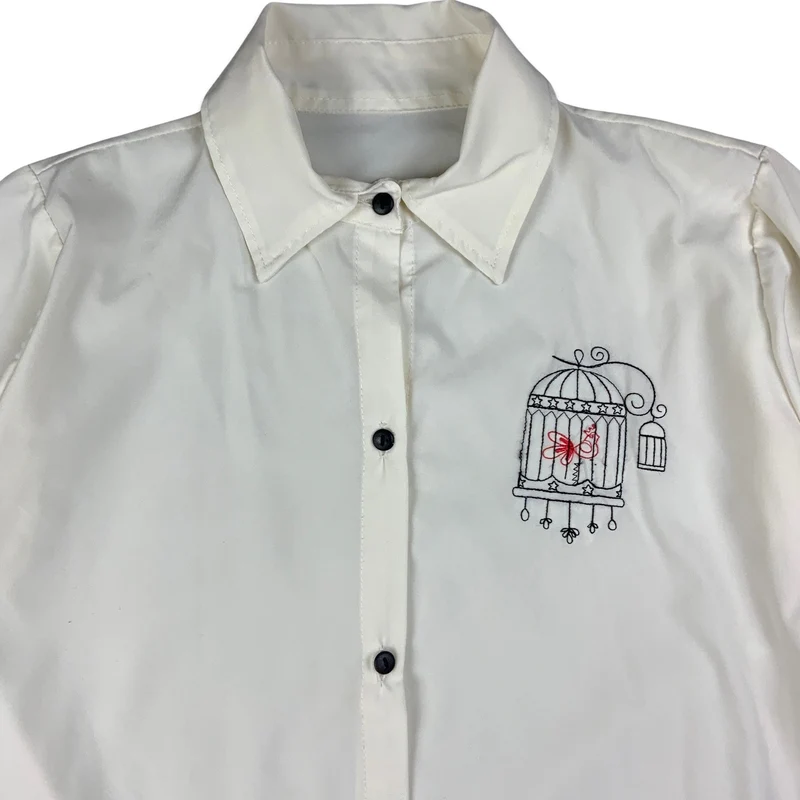 Vintage White Blouse Novelty Bird Embroidery 8 10