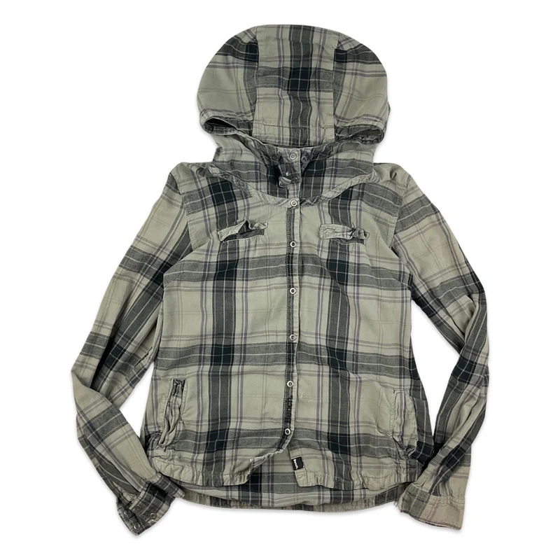 Vintage Y2K Bench Black Grey Check Hooded Long Sleeve Snap Closure Shirt Medium