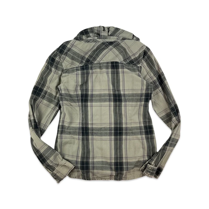 Vintage Y2K Bench Black Grey Check Hooded Long Sleeve Snap Closure Shirt Medium