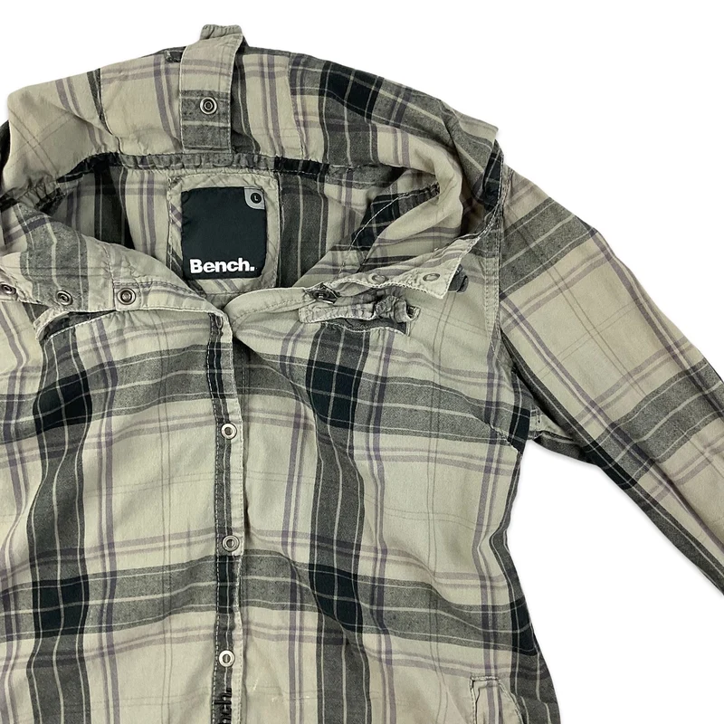 Vintage Y2K Bench Black Grey Check Hooded Long Sleeve Snap Closure Shirt Medium
