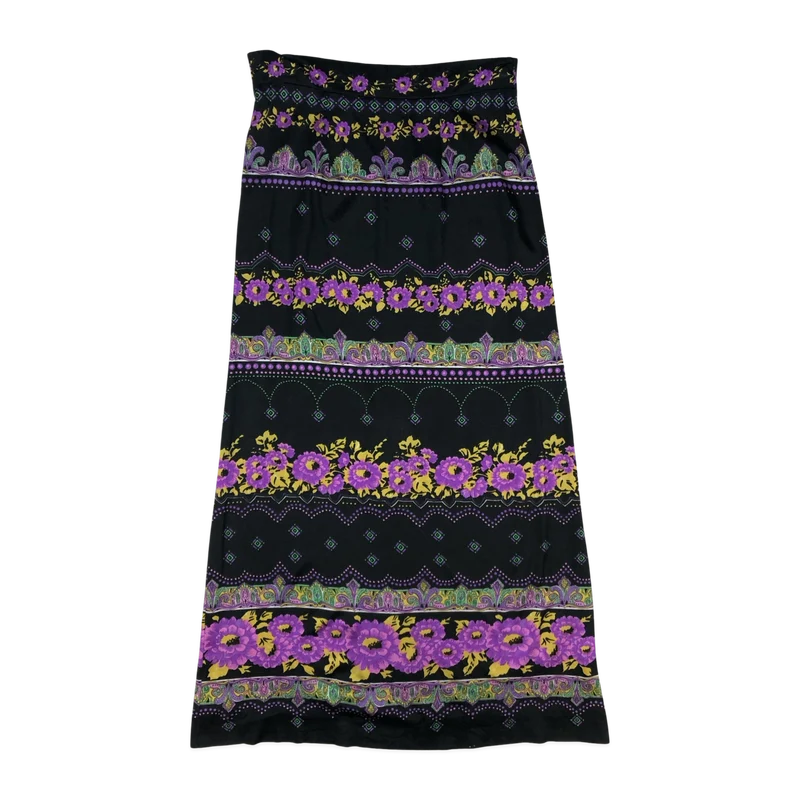Vintage 60s 70s Black Floral Long Maxi Skirt 10