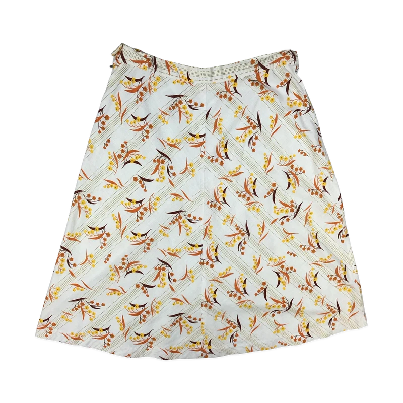 Vintage 60s 70s White Botanical Print A-line Skirt 12