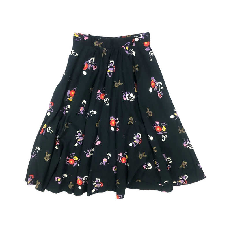 Vintage 70s 80s Black Floral Print Gathered Skirt 8