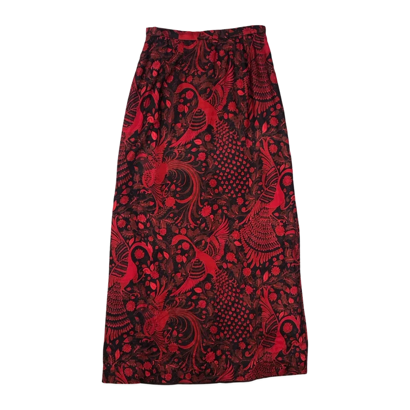 Vintage Red Paisley Bird Peacock Print Skirt 10