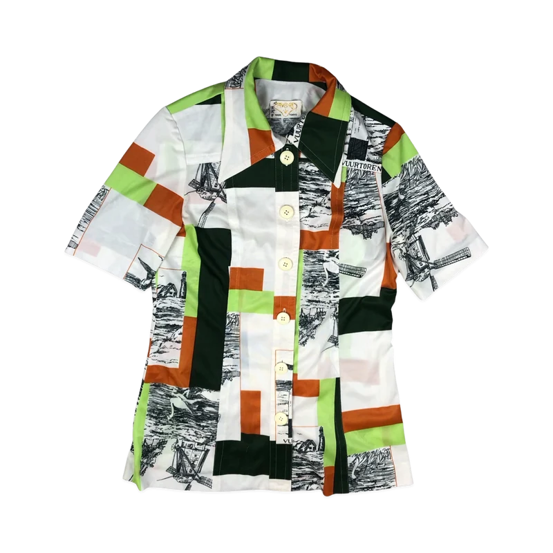 Vintage 80s 90s White Abstract Colourful Print Blouse 8
