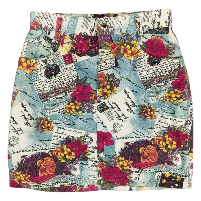 Vintage 90s Mac Floral Graphic Print Denim Mini Skirt 10
