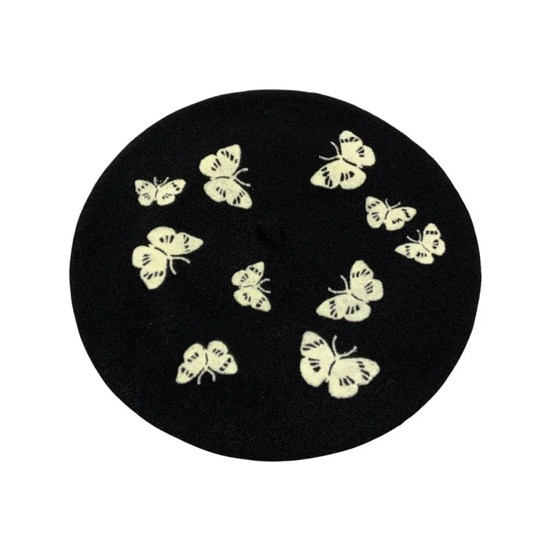 Vintage Black Cream Butterfly Beret