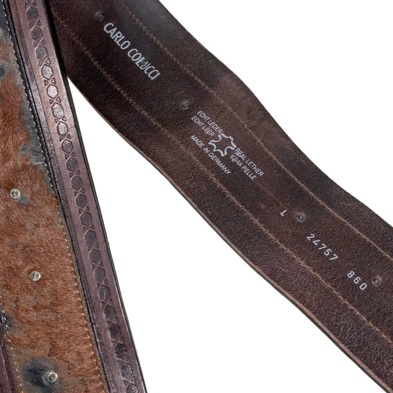 Vintage 70s 80s ‘Carl Colucci’ Brown Leather Cow Print Stud Buckle Belt