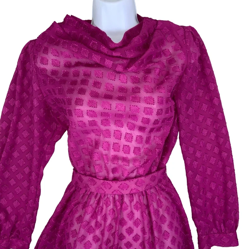 Vintage 70s 80s Pink Textured Diamond Cowl Neck Drop Waist Midi Dress 10 12