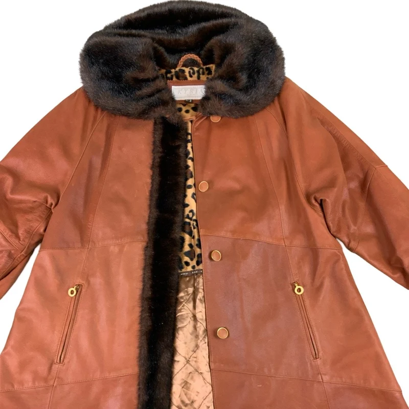 Vintage Kyria Womens Tan Suede Leather Fur Trim Swing Coat M 12-14