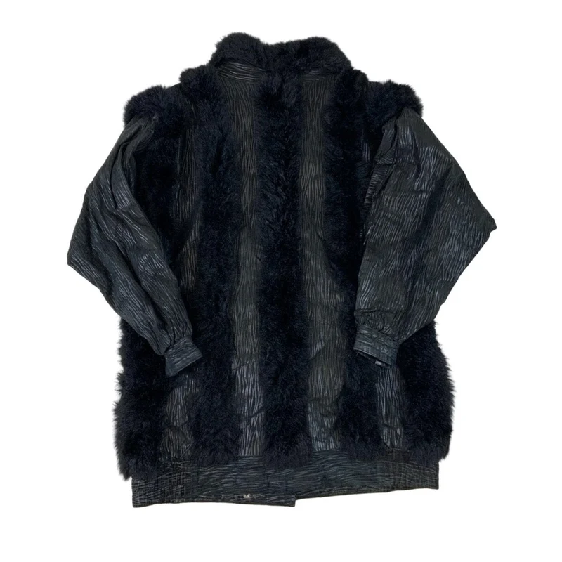 VTG Striped Leather Faux Fur Coat Jacket Removable Arms Gilet 16 18